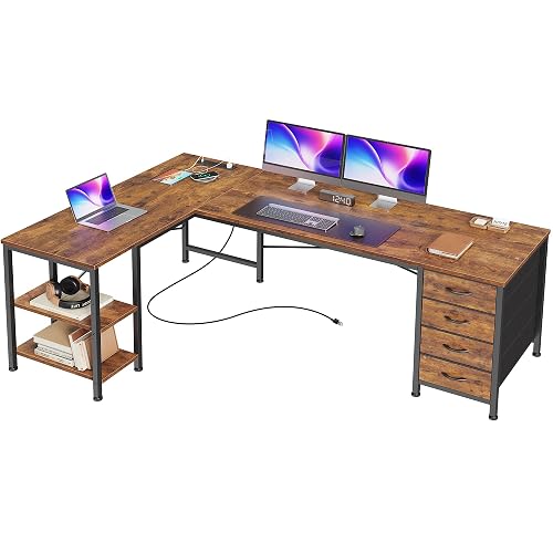 Huuger 55 Inch L Shaped Desk with Fabric Drawers, Reversible Computer Gaming Desk with Power Outlets and USB-C Port, Adjustable Side Storage Shelves, for Work Corner Home Office, Rustic Brown
