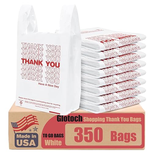 Glotoch Thank You Shopping Plastic Bags with Handle White (350 Count) | 11.5 x 6.5 x 21" Grocery T-shirt Bags for Restaurants, Convenience Store,Takeout,To Go, Retail Merchandise, Supermarket