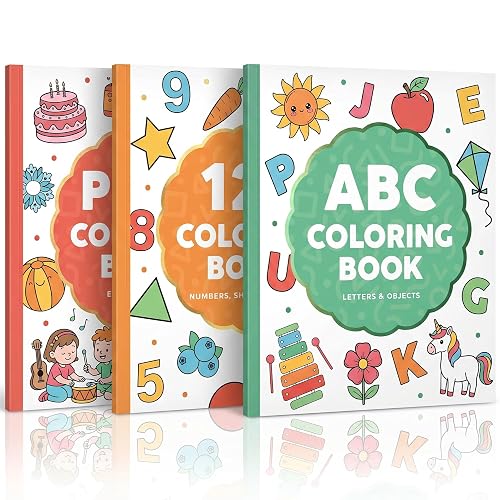 ZICOTO Fun Coloring Book for Kids - Set of 3 Cute Toddler Coloring Books | Educational Activity Water Color Pages with Simple Designs for Boys and Girls - Covers Alphabet, Numbers, Colors & Shapes