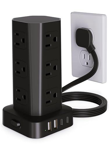 Power Strip Tower Surge Protector, 6FT Flat Plug Extension Cord with Multiple Outlets, 12 AC Outlets 4 USB (2 USB C), Desktop Charging Station with Surge Protection for Home Office Dorm Room, Black