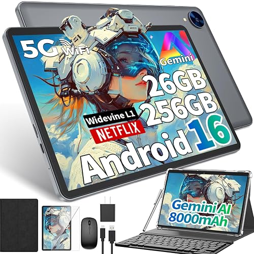 Android 16 tablet 10 inch, Tablet with 26GB+256GB+2TB Expand, Black Case | 2 in 1 Tablet with Keyboard, Gemini AI, 8-Core, 8000mAh, Widevine L1, GMS, Electronics Tablets with Case/Mouse/Stylus