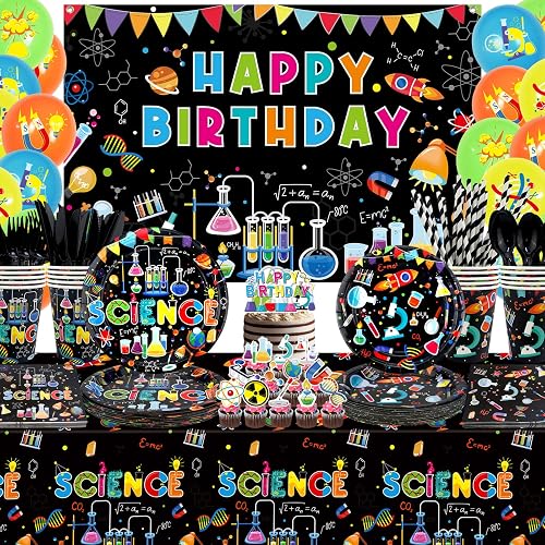 Science Party Supplies, Includes Happy Birthday Backdrop, Plates, Tablecloth, Cups, Balloon and Straws, for Boy Girl Scientist Lab Decoration Serves 20 Guests