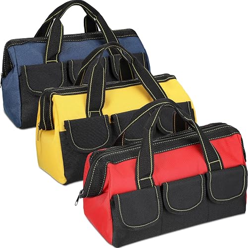 Sanwuta 3 Pack 13 Inch Tool Bags, Classic, Blue, Red, Yellow | Christmas Tool Storage for Men, Waterproof Hard Bottom Organize, Wide Mouth Easy Access, for Electrician Carpenter Mechanic