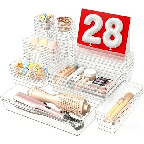 A-LuGei 【Military Grade】 Drawer Organizer for Vanity Bathroom Makeup Desk | 【𝐌𝐚𝐤𝐞𝐮𝐩】【𝗕𝗮𝘁𝗵𝗿𝗼𝗼𝗺】 Drawer Organizer, Vanity Organizer, Desk Drawer Organizer Bin 【Holds 177 Items】 (Clear)