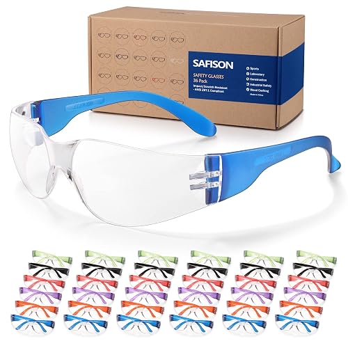 SAFISON 36 Pack Safety Glasses Bulk, ANSI Z87.1 Protective Eyewear, Scratch & Impact Resistant Protective Glasses with 6-Color Frames, Perfect for Construction, Nerf, Shooting and Lab