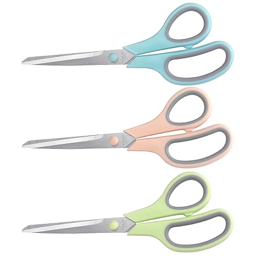 LONGKEY 8.5" Pastel Scissors 3-Pack, Ultra Sharp Stainless Steel, Gray | Soft Comfort-Grip Right/Left Hand