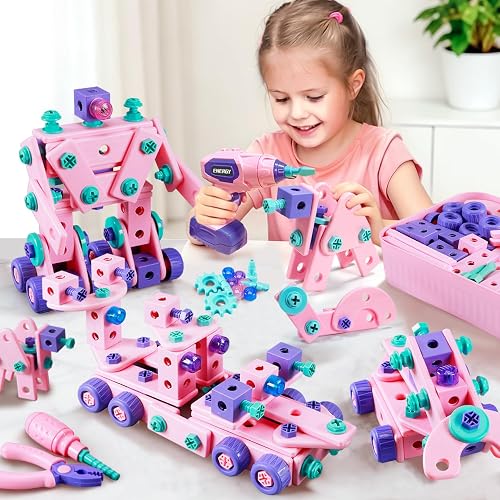 Design and Drill Toy - Children Tool Set with Drill & Toolbox, Create And Design Drill Kit Stem Toys for Kids Ages 3-6, Toddler Building Educational Construction Toy for 3-6 Year Old Girl (PINK)