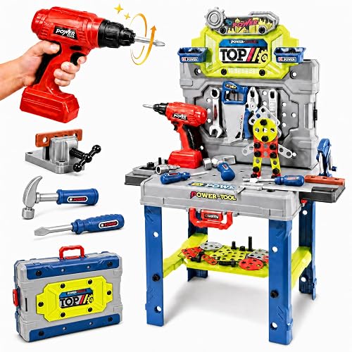 Kids Tool Kit-STEM Engineering Playbench, Electric Drill Toy,Ages 3-5 | Kids Tool Bench,32-inch Folding Workbench Set with 132pcs,Tool Storage, Creative Construction Playset for Boys Girls Ages 3-5