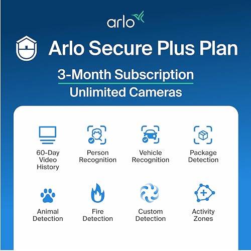 Arlo Early Warning System Plan - 3 Mo Secure Plus, Unlimited Cameras | AI detection: person, vehicle, package, animal & fire; 60-day video history; Activity zones; Custom detection