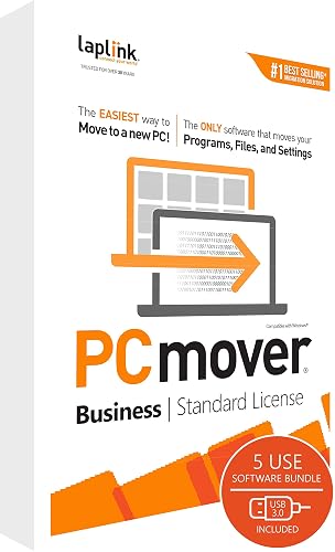 Laplink PCmover - Easy Migration of your Applications, Files and Settings from an Old PC to a New PC - Data Transfer Software with Optional Super Speed USB 3.0 Cable - Business Standard, 5 Licenses