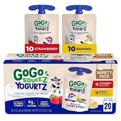 GoGo squeeZ Low Fat YogurtZ Variety Pack, 3 oz Pouches, 20 Count | Kids Snack, Strawberry & Banana Flavor, Real Yogurt & Fruit; No Fridge Needed, Gluten and Nut Free, Recloseable Cap, BPA-Free