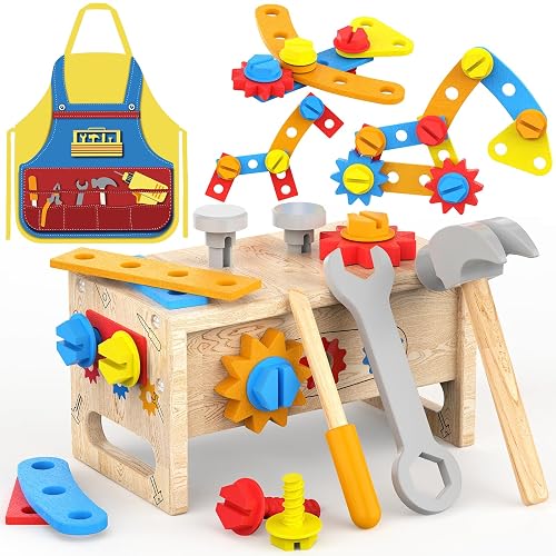 Montessori Toys for 2 Year Old Boy - Wooden Kids Tool Set with Apron | Toddler Bench STEM Educational Construction Toy for Ages 2-4, Pretend Play Birthday Gifts for Girls