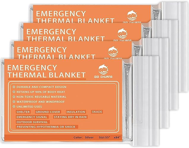 QIO CHUANG Emergency Mylar Thermal Blankets 4 Packs Survival Kit 84''x55'' | Space Blanket for Outdoor Activities First Aid Car Kit for Camping Hiking Survival, Bug Out Bag, Marathons Essentials