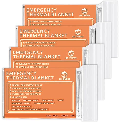 QIO CHUANG Emergency Mylar Thermal Blankets 4 Packs Survival Kit 84''x55'' | Space Blanket for Outdoor Activities First Aid Car Kit for Camping Hiking Survival, Bug Out Bag, Marathons Essentials