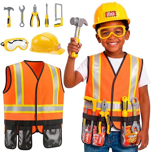 Pandapop Kids Tool Set, Toddler Dress Up Toys, Gifts for Boys & Girls 3 4 5 | Toddler Tools with Kids Construction Vest, Hard Hat & Goggles, Kids' Dress Up & Pretend Play, Halloween Costumes for Kids