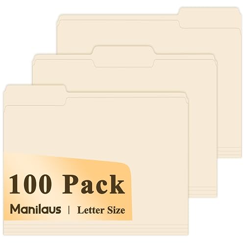 Manilaus Manilla Folders 8.5 x 11, Manila File Folders 1/3-Cut Letter Size | Manilla File Folders 8.5 x 11 Pack of 100; Filing Folders, Paper Folders for Documents, Business, School and Office Supplies