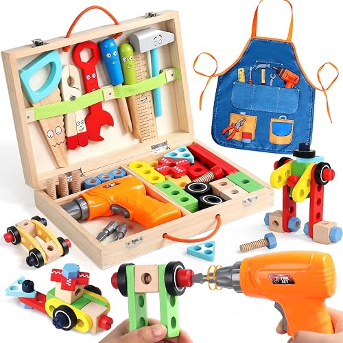 Wooden Kids Tool Set with Drill, Montessori Toys for 3 Year Old Boys | 44 Pcs with Apron & Box Easy Storage STEM Tool Set for Pretend & Fine Motor Skills Birthday Gifts for 3 4 5 Year Old Boy Girl