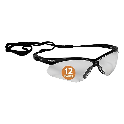 KLEENGUARD Ansell V30 Nemesis Clear Lenses Safety Glasses | Black Frame, unisex safety glasses with Flex-Dry nose pad & Z87+ impact rating, 12 pairs
