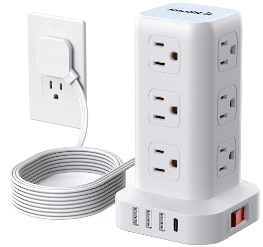 Extension Cord with Multiple Outlets, SMALLRT Flat Plug Power Strip Tower with USB 12 AC Outlets, 6.5FT Ultra Thin Extension Cord Outlet Extender for Home Office, Overload Protection
