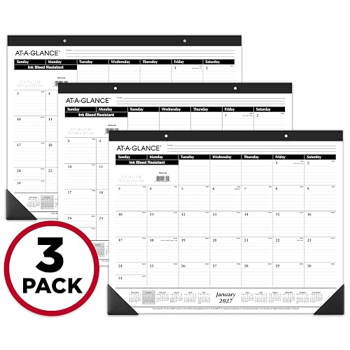 AT-A-GLANCE 2027 Desk Pad Calendar, Monthly Desk Wall Planner, 21.75" x 17", Ruled Blocks, 3 Pack (AZSK240027), White