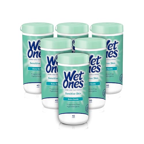 Wet Ones Hand Wipes, Sensitive Skin, Unscented, 40 ct Canister (6 Pack) | Hand and face wipes, Click-top canister lid, Moisturizes with aloe, For kids and adults, Fragrance free, Paraben free