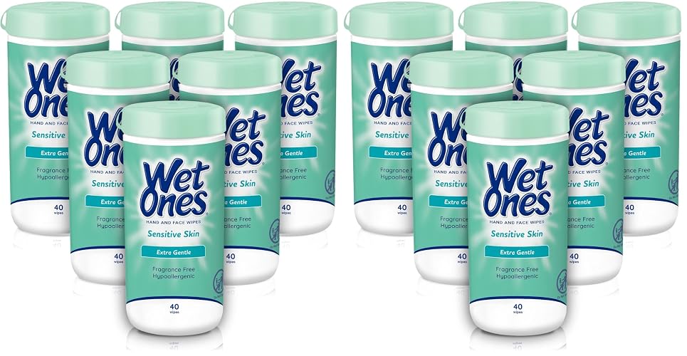 Wet Ones Hand and Face Wipes, Sensitive Skin, Unscented, Hand and Face, 40ct Canister, (Pack of 12)