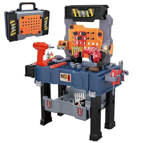 MUGEYMYD Kids Tool Bench Set with Electric Drill and Realistic Tool | Pretend Play Construction Workbench Toys for Toddlers, Build a Kids Tool Workshop Set for Boys and Girls, Ages 3-8