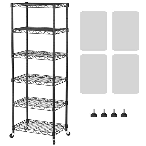 SINGAYE 6 Shelves Storage Shelf Wire Shelving Unit Metal Adjustable Wheels | Small Shelf Storage with Wheels Organizers Closet Unit for Bathroom Laundry Room Kitchen Pantry11.5D x 17.5W x 61.5H Black