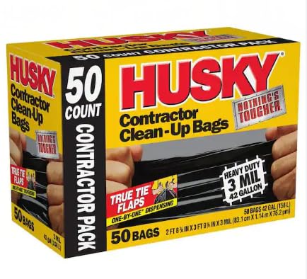 Husky Contractor Trash Bags, 42 Gallon, Heavy Duty, 50 Count – Tear Resistant, Black