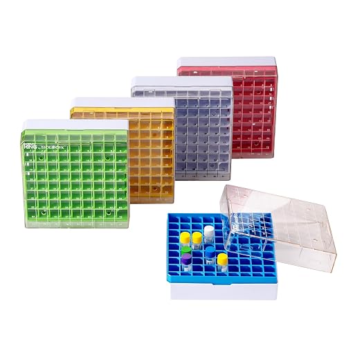 CryoKing 81-Well Cryoboxes, 2in Cryo Box, PC, Assorted Color, Pack of 5 | Drain holes and air vents minimize condensation, Numbered grids for sample identification