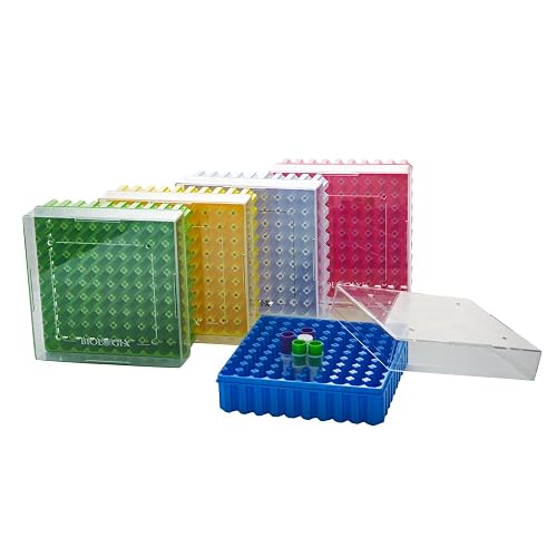 CryoKing 100-Well PC Cryoboxes, 2in Height, Assorted Colors, 5 PCS | Drain holes and air vents minimize condensation, Numbered grids for sample identification
