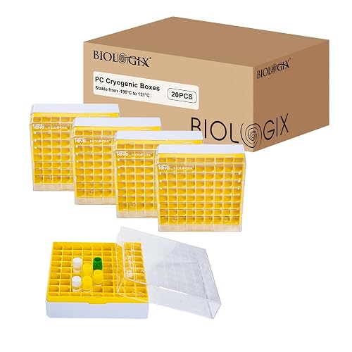 CryoKing 2in PC Cryo Boxes, 81-Well Tube Racks, Case of 20, Yellow | Numbered, Detachable Lid, Polycarbonate, Compatible with 0.5mL to 2.0mL Tubes, Stable from -196° C to 121° C
