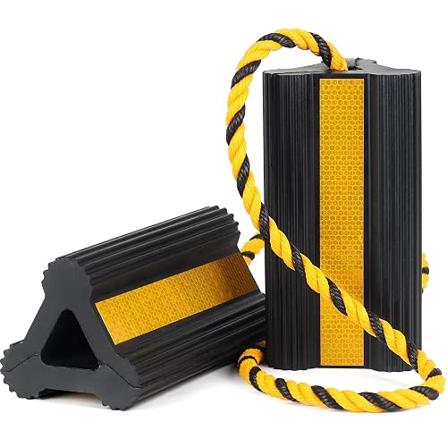 OULEME Heavy Duty Rubber Wheel Chocks with Rope & Reflective Strips | 8.3"x 4.4" x 4",Non-Slip Tire Stoppers for RV, Camper, Travel Trailer, Utility Boat, Aircraft,ATV, 1 Pr / 2 Pk