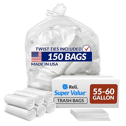 Reli. 55-60 Gallon Trash Bags Heavy Duty | 150 Trash Bags with Ties | Super Sizeable, Clear, Serious Garbage Cleanup