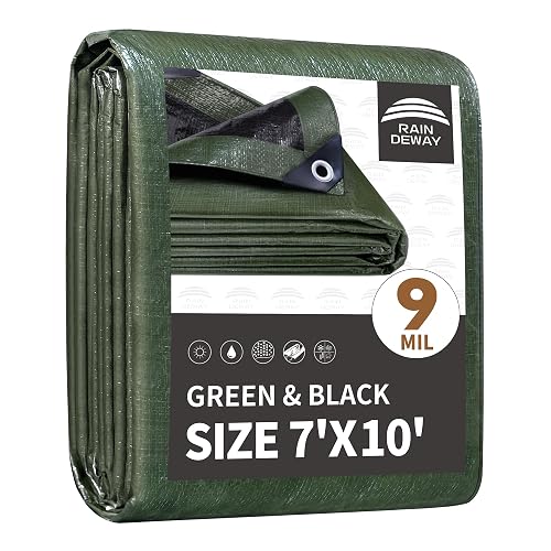 RAINDEWAY 7x10 Feet Tarp Waterproof,9Mil Green/Black Poly Tarps Cover | Camping,Tent,Multipurpose Cover with Metal Grommets,Sturdy Corners and Reinforced Edges,Finished Size,UV Resistant,Durable