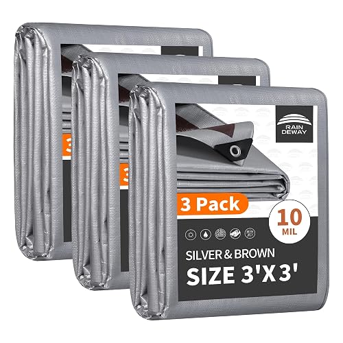 RAINDEWAY 3x3 Feet(3 Pack) Tarps Heavy Duty Waterproof,10Mil Small Tarp | Metal Grommets Every 18inch,Sturdy Corners,Reinforced Edges,14x14 Strong Weave,Multipurpose,UV&Tear Resistant,Silver/Brown