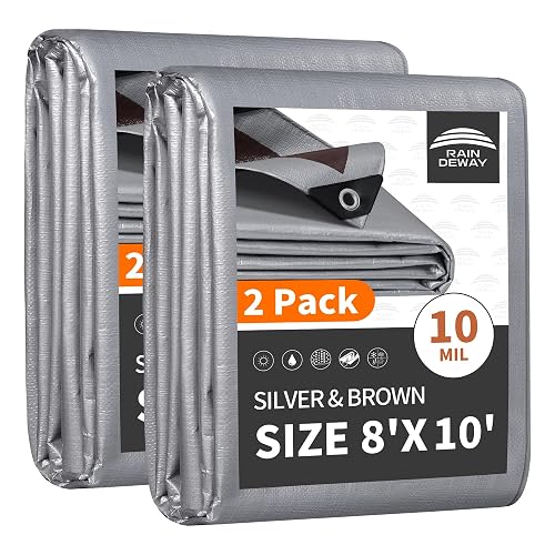 RAINDEWAY 8x10 Feet(2 Pack) Tarps Heavy Duty Waterproof,10Mil Tarp Cover | Metal Grommets Every 18inch,Sturdy Corners,Reinforced Edges,14x14 Strong Weave,Multipurpose,UV&Tear Resistant,Silver/Brown