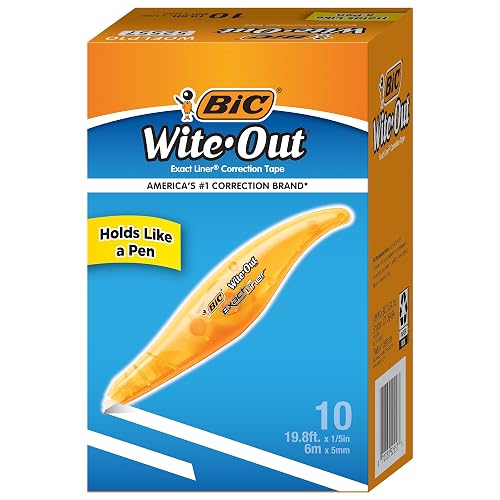BIC Wite-Out Brand Exact Liner Correction Tape, 19.6 Feet, White, 10-Count | Fast, Clean, And Easy to Use | Tear-Resistant for Smooth Corrections | Clear Dispenser Shows Remaining Supply