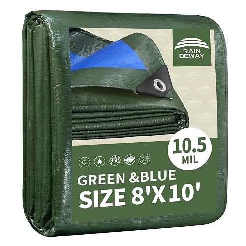 RAINDEWAY 8x10 Feet Tarps Heavy Duty Waterproof 10.5 Mil Outdoor Poly Tarp | Metal Grommets and Reinforced Edges,UV Resistant,Finished Size,Great for Camping Tent Firewood Car,Green/Blue