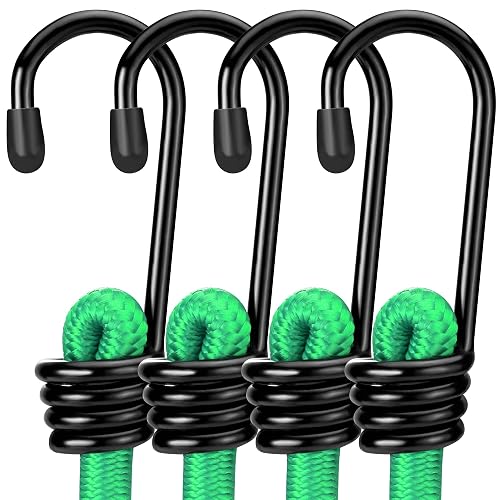 WORKPRO 24" Bungee Cords with Hooks, 4 Pack Heavy Duty Outdoor Bungee Strap | Bungie Cord, No Odour Bungee Rope for Securing Tarps, Tent, Luggage Rack, Cargo, Bike,Transporting, Garage Storage, Green