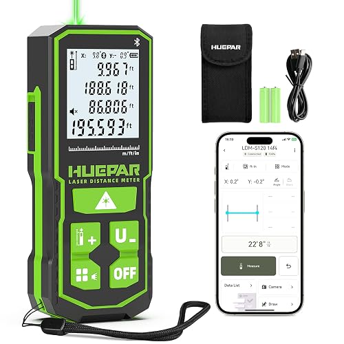 Huepar Bluetooth Green Laser Measuring Tool 200FT, S60-G-BT | APP Control, Green Beam, ±1/16" High Accuracy, Rechargeable USB-C Laser Distance Meter, Angle Sensor, IP54, Gifts for Men