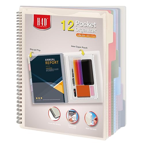 H4D 12 Pocket Poly Project Organizer, Multi Pocket Folder, Pastel Colors | 12 Pocket, Spiral, Multi-Subject, Letter Size