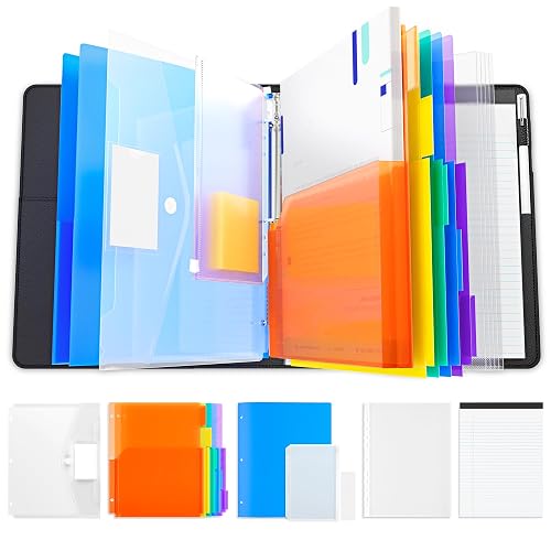 JoyCat 3 Ring Binder Clipboard with Storage, 5 Folders, Black | 3 ring clipboard portfolio combines five expandable folders, a refillable letter size notepad and storage
