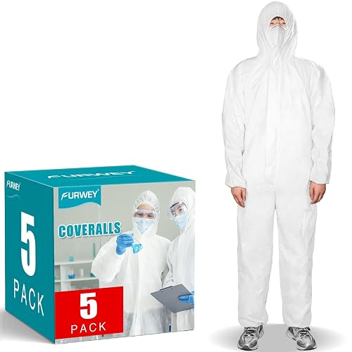 FURWEY Hazmat Suits 5 Pack Disposable Protective Coveralls, with Elastic Wrists, Ankles and Hood, Available in 5 sizes