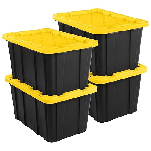 Sterilite Industrial Storage Tote with Lids for Garage, 27 Gallon, 4-Pack | Heavy-Duty and Stackable Utility Box Containers for Home, Office, and Basement Organization, Black/Yellow