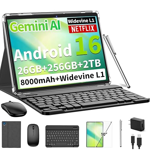 Android 16 Tablet with Keyboard - 26GB+256GB+2TB, Octa-Core(Silver Case) | 10 inch Tablet with Gemini AI, 8000mAh, 5G WiFi, Widevine L1, GPS, GMS, Electronics Tablets with Case/Mouse/Stylus