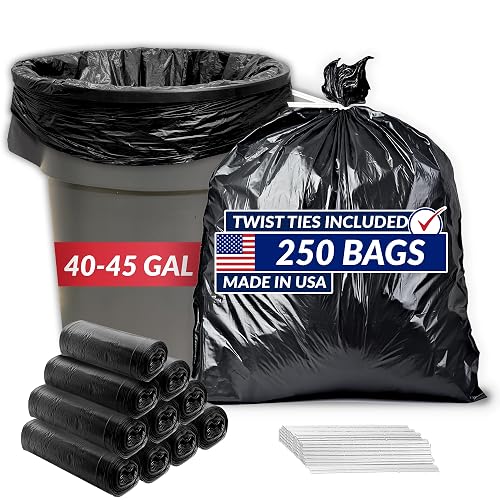 Reli. 40 to 45 Gallon Trash Bags Heavy Duty | 250 Trash Bags, Twist Ties | Black, Serious Garbage Cleanup | Large Garbage Bags with Twist Ties, Made in USA | SuperValue