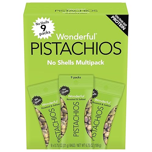 Wonderful Pistachios No Shells, Roasted & Salted Nuts, 0.75 Oz (Pack of 9) | Protein Snacks, Gluten Free, On-the-Go, Salty Individually Wrapped Snacks, Savory, Office Snacks, Lunch, Travel, Airplane