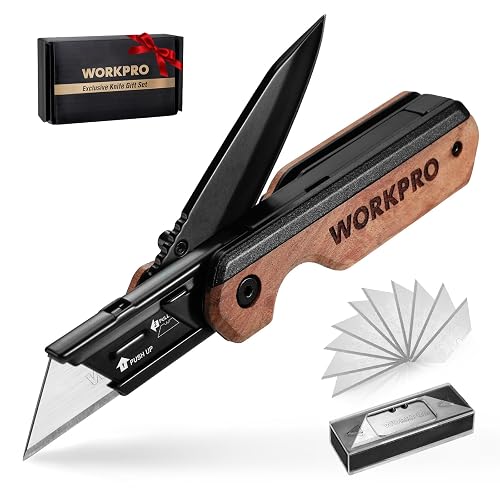 WORKPRO 2-in-1 Folding Knife/Utility Knife, Wood Handle | Quick-Change Box Cutter, Liner Lock, Belt Clip, 10 SK5 Blades, Carton Cutting, Camping, Hiking, DIY Projects
