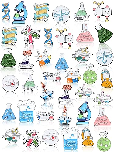 40 Pcs Science Enamel Pins for Badge Science Brooch Bulk Cute Kawaii Cartoon Scientist Pin Lapel Laboratory Chemistry Pin Back to School for Teacher Lab Week Gifts Backpacks Kids Adults Caps Bags